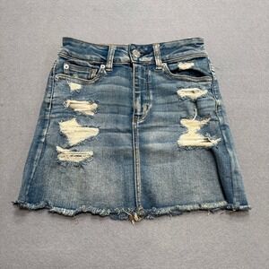 American Eagle Mini Skirt Women's 0 Blue Distressed Stretch Cut Off Y2K Style